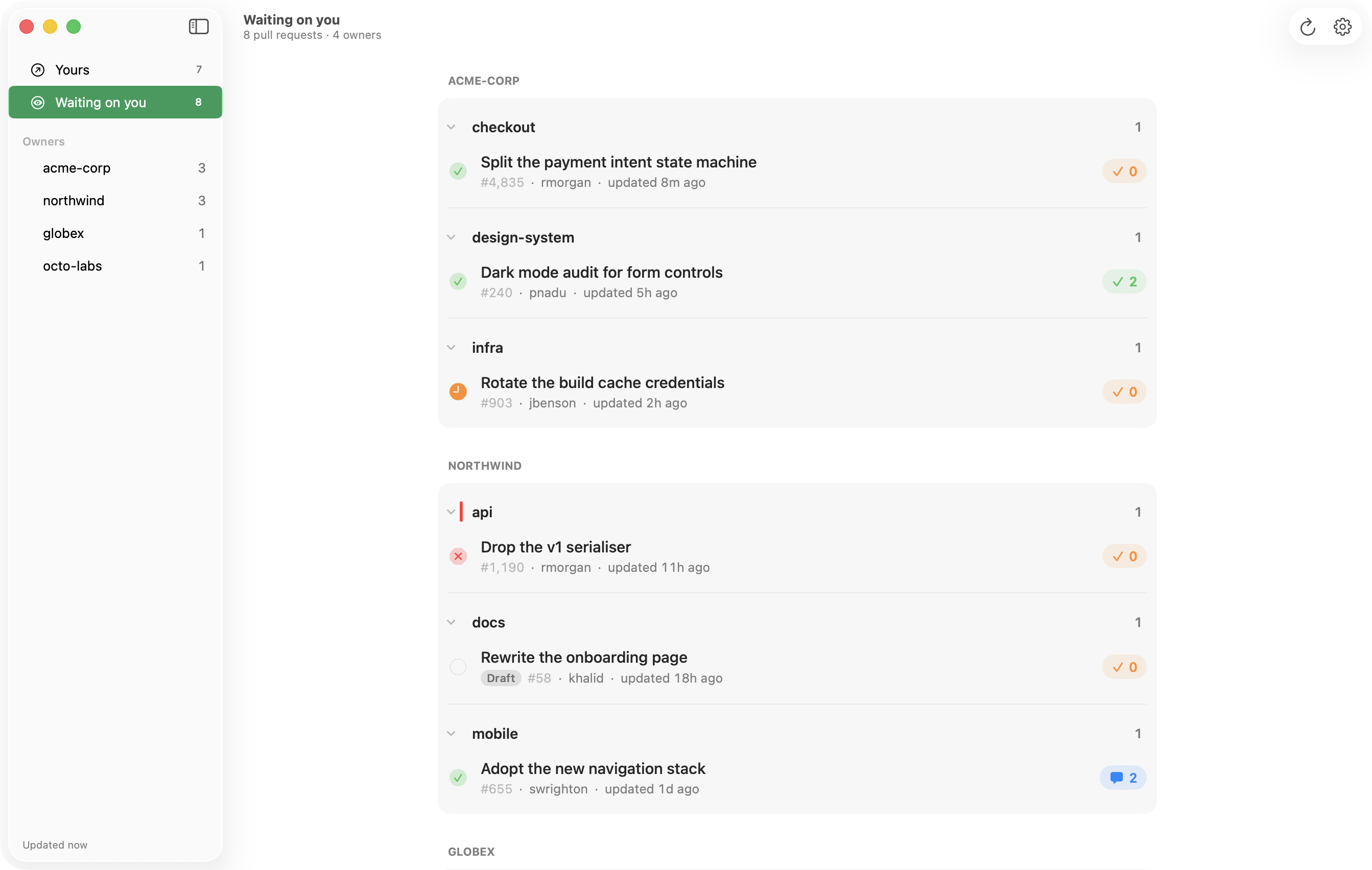 The Docket window: a sidebar with the two queues and the owners, and a list of pull requests grouped by organisation and repository.