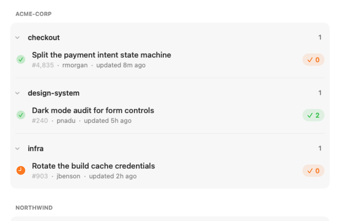 Pull request rows showing the title, number, author, when it was updated, the build state and an approvals badge.